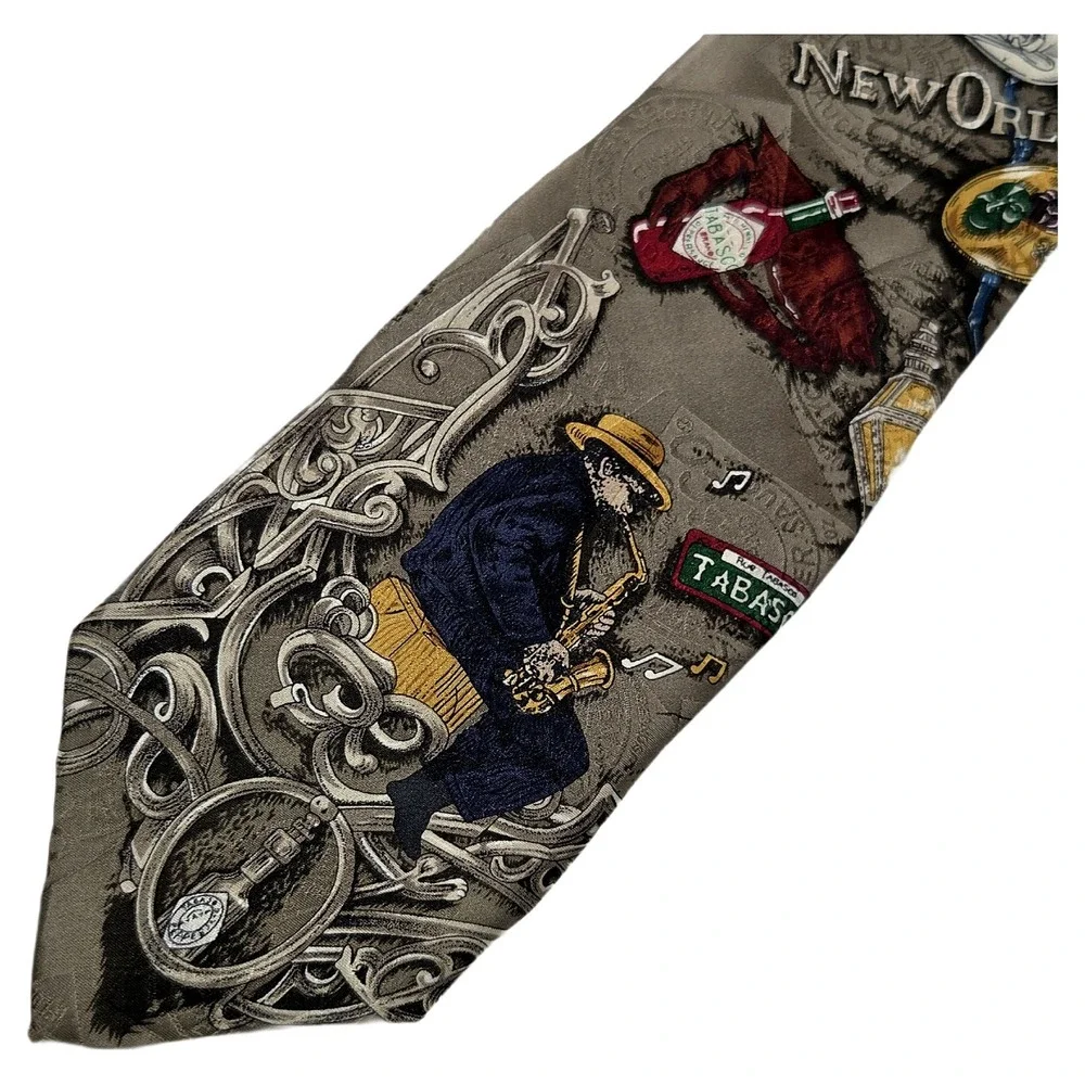 Tabasco New Orleans Jazz Silk Tie Vintage Saxophone Pelican Grey Multi VTG